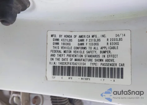 2014 Honda Accord Ex-L from USA, damaged, VIN 1HGCR2F87EA213154